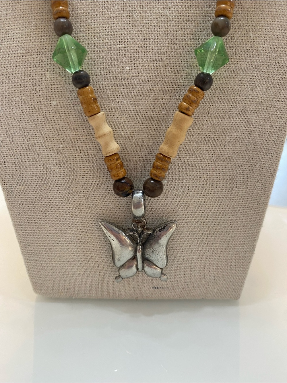 Handmade Green and Brown Beaded Necklace with Butterfly Pendant - Picture 2 of 4